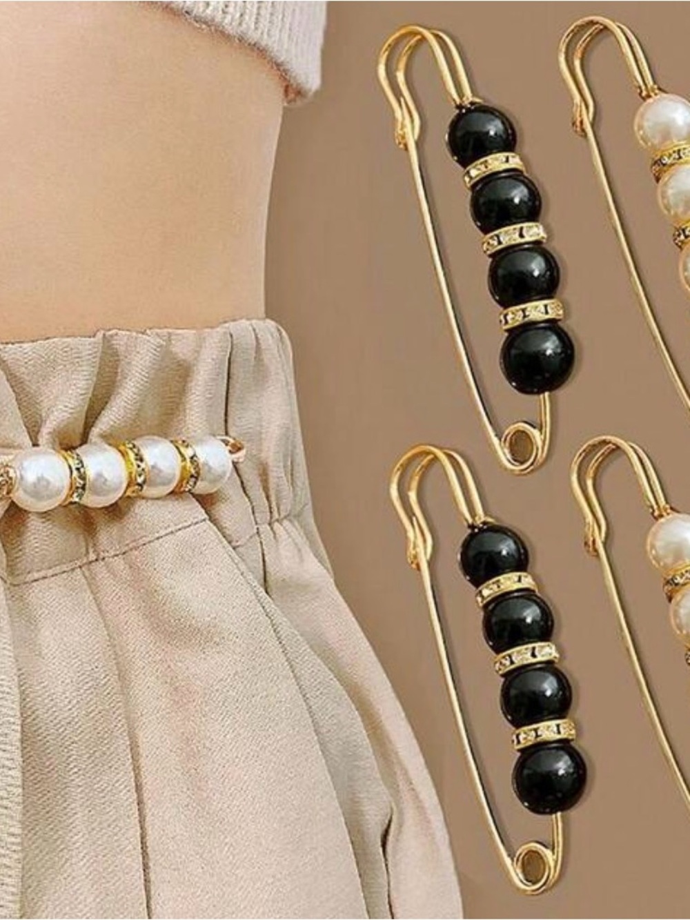 Gold Safety Pin Brooch with Black Beads - Women Jewelry